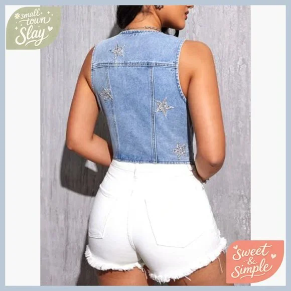 Sleeveless Denim Vest Top with Rhinestone Star Buttons and V-Neck